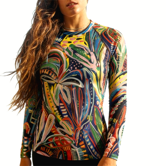 Colorful long-sleeve rash shirt with abstract design by Carley Bourne