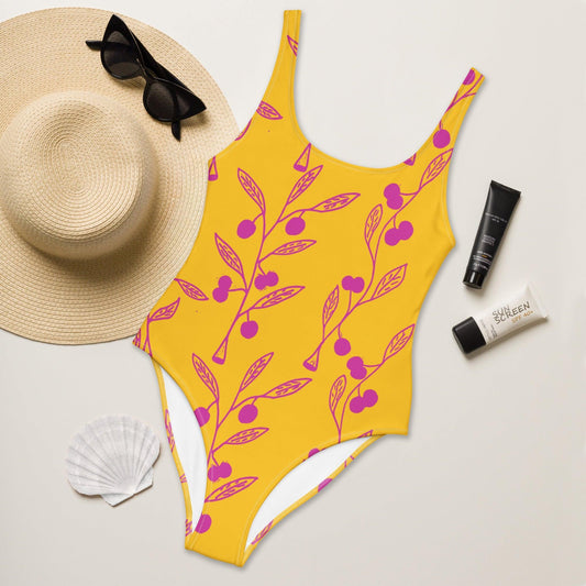 Wattle Tree Flower in Yellow One-Piece Swimsuit-Barbara Bear-PaletTheory