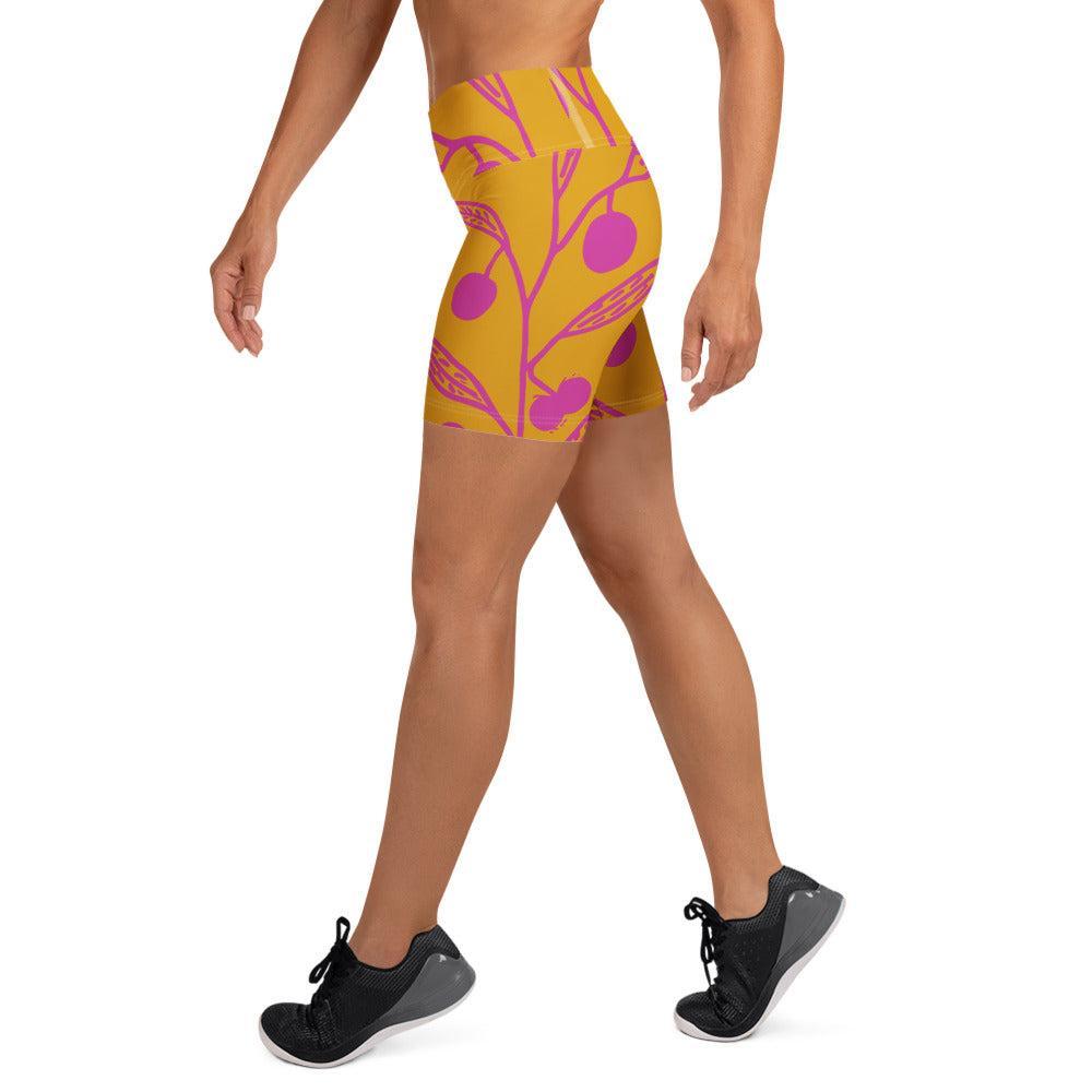 Wattle Tree Flower in Yellow Yoga Shorts-Barbara Bear-PaletTheory