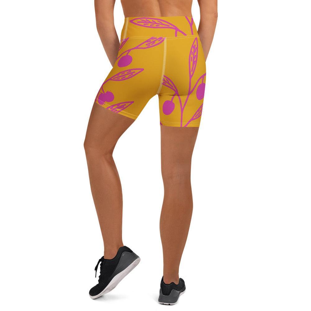 Wattle Tree Flower in Yellow Yoga Shorts-Barbara Bear-PaletTheory