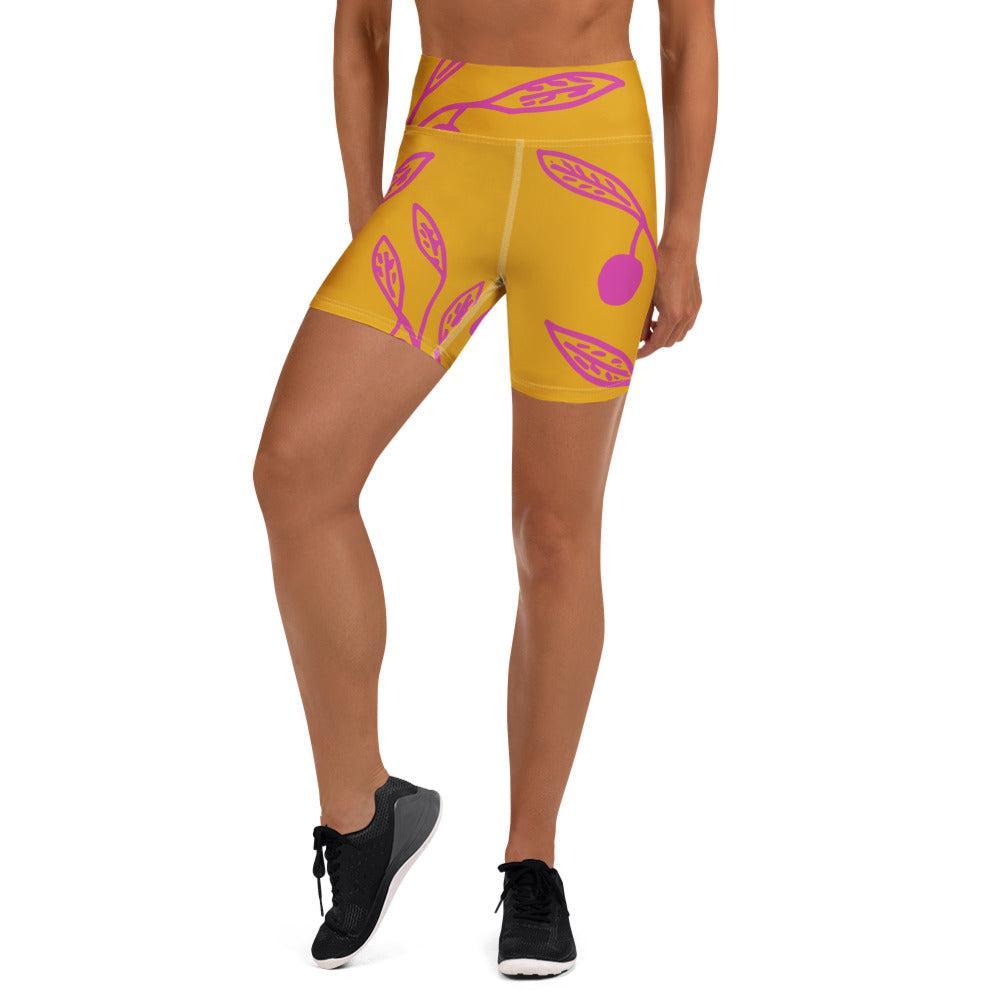 Wattle Tree Flower in Yellow Yoga Shorts-Barbara Bear-PaletTheory