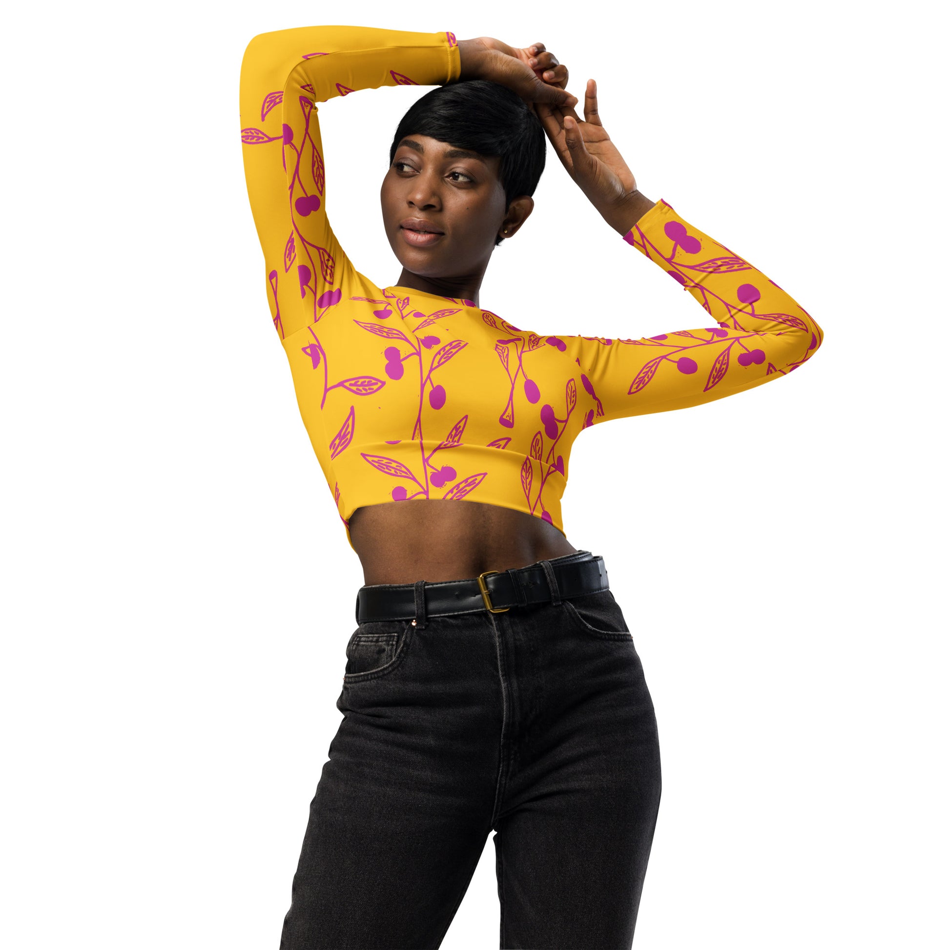 Wattle Tree Flower in Yellow long-sleeve crop top-Barbara Bear-PaletTheory